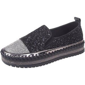 Women's Black Rhinestone Slip On Walking Bowknot Glitter Bling Sneakers Shoes